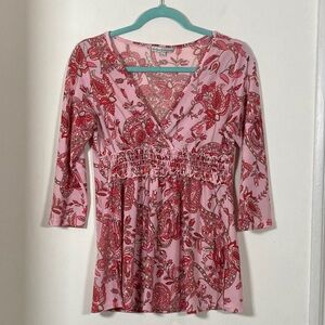 Y2K Moa Moa Womens Pink Paisley Smock Top Sz L Babydoll Bohemian Flowy V-Neck